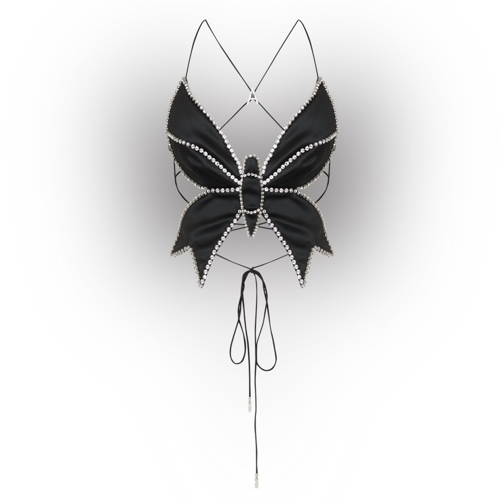 AREA NYC CRYSTAL SATIN BUTTERFLY TOP